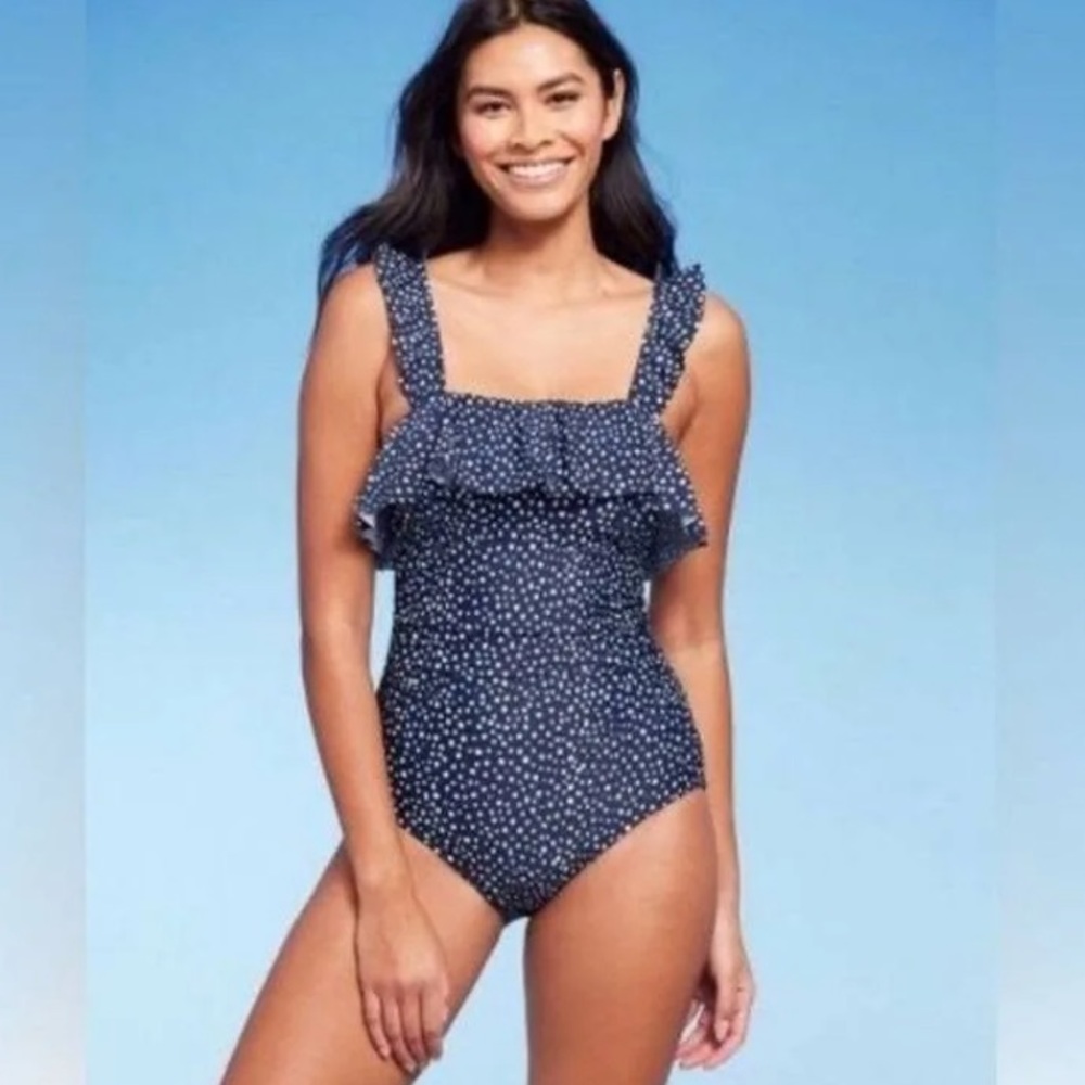 NWT One Piece Kona Sol Ruffle Full Coverage Swimsuit Navy Polka Dot